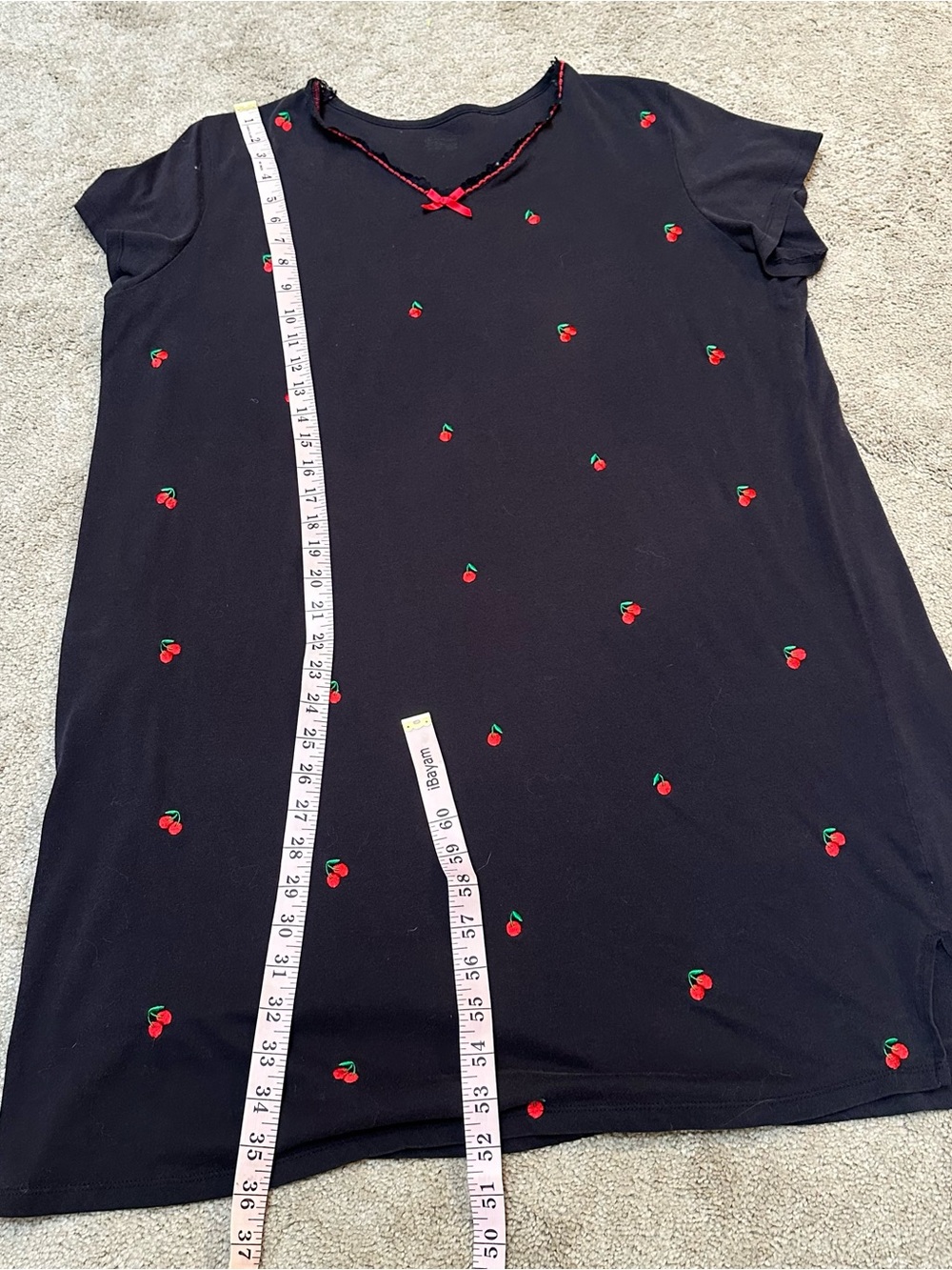 Vintage Y2K Cherry Embroidery Oversized Sleepshirt Nightgown Black Red Bow L/XL - Picture 7 of 7